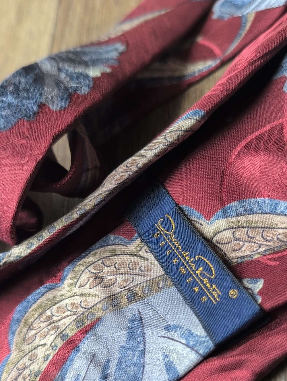 Vintage Oscar de la Renta Burgundy Silk Tie with Blue and Gold Paisley